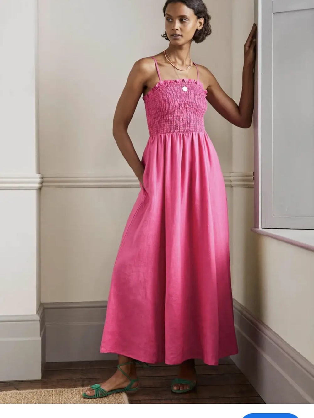 Boden Smocked Bodice Pink Linen Maxi Dress Women’s 14